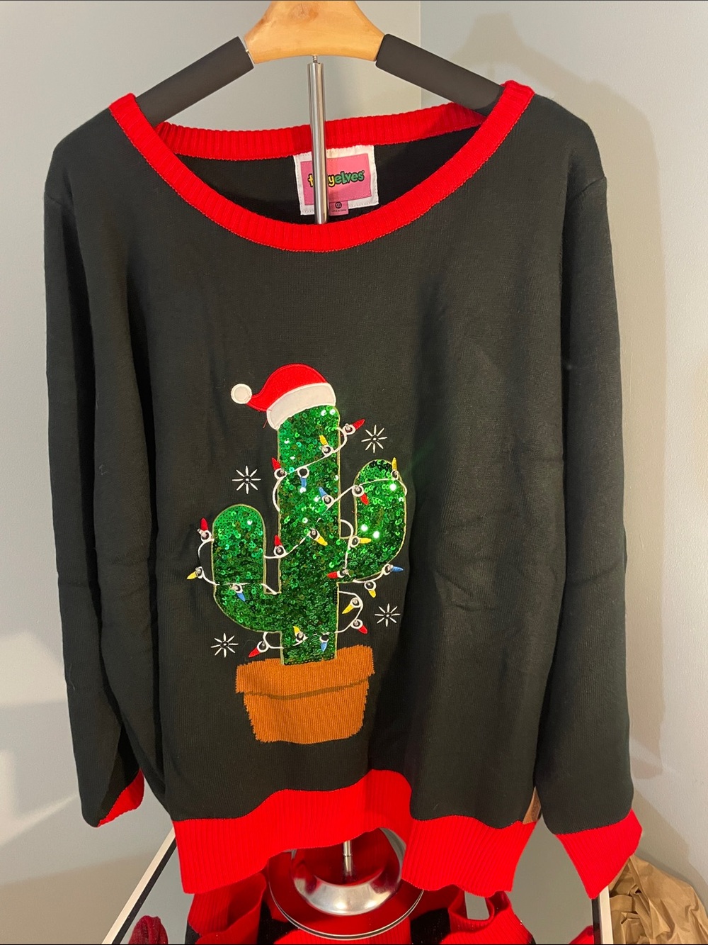 Tipsy Elves Black Sweater with Green Sequin Cactus and Red Trim nwt
